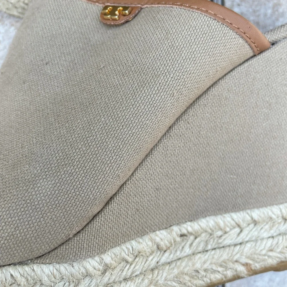 Tory Burch Beige Canvas Wedge Espadrille Mules